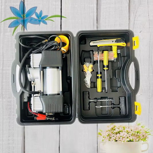 12V 2-Cylinder Car Air Compresor Pump 150PSI- Portable & tire Repair Kit
